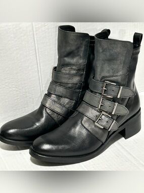 Black Leather Moto Buckle Ankle Boots